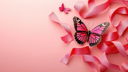 Poster - Pink Butterfly with Ribbons on Pink Background