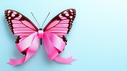 Wall Mural - Pink Butterfly with Ribbon Bow on Blue Background