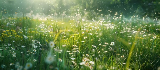 Poster - Summer meadow with wildflowers and grass under sunlight creating a nature aesthetic with wild growth and white blossoms ideal for a copy space image