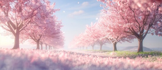 Leinwandbilder - Scenic view of a landscape lined with Japanese cherry blossom trees ideal for adding copy space image