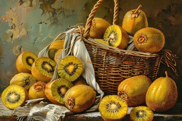 Wall Mural - Kiwi harvest collected in basket, agribusiness concept, organic healthy food and non-gmo fruits with space for text