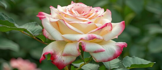 Poster - Close up of a fully bloomed big white and pink rose in a garden with copy space image