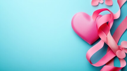 Wall Mural - Pink Heart and Ribbon on Blue Background