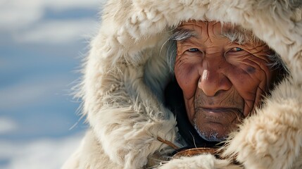 A close-up portrait of an elderly person wrapped in a fur hood, set against a snowy backdrop.