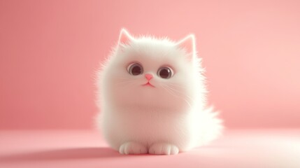 Wall Mural - A Fluffy White Kitten on a Pink Background