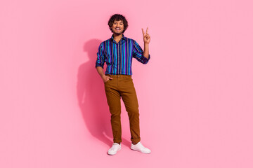 Sticker - Photo of nice cheerful man wear stylish striped clothes v-sign empty space isolated on pink color background