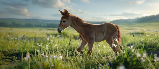 Wall Mural - A young brown foal standing alone in a vast meadow captured in a side view with empty space for text or graphics featuring a serene and peaceful scene. Creative banner. Copyspace image