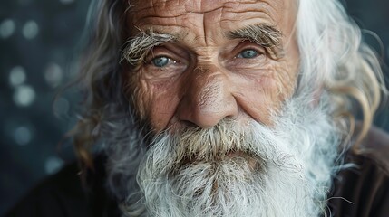 Poster - A close-up portrait of an elderly man with a long beard and expressive eyes, conveying wisdom and experience.