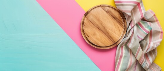 Poster - Top view of a cutting board with a napkin on a colorful background providing copy space image