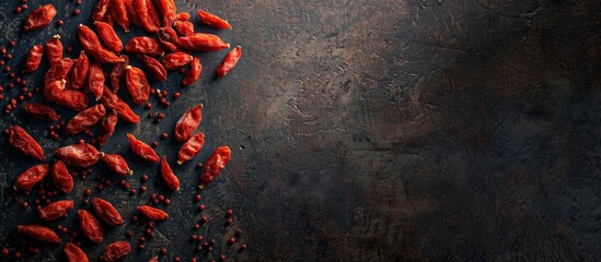 Canvas Print - Dark textured table with dried goji berries arranged for a flat lay composition featuring ample copy space image