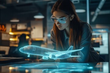 female engineer conducts research and development testing with airplane model hologram in office