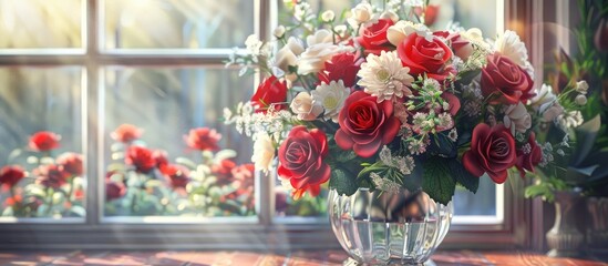 Wall Mural - a charming floral arrangement of red roses white chrysanthemums and delicate pink blooms in a crysta