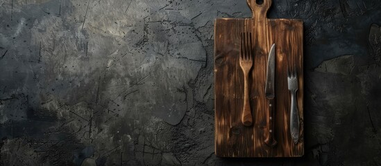 Poster - A rustic wooden cutting board sits on a dark concrete backdrop with cutlery ready for dinner prep allowing for creative copy space image