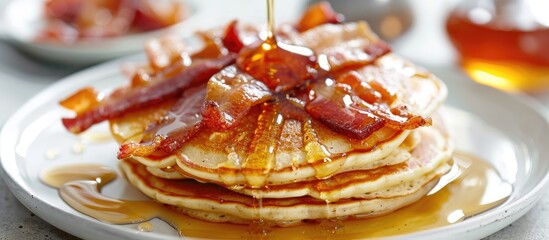 Close up shot of appetizing pancakes topped with crispy bacon and drizzled with honey elegantly displayed on a white table with a designated area for adding text making it a copy space image