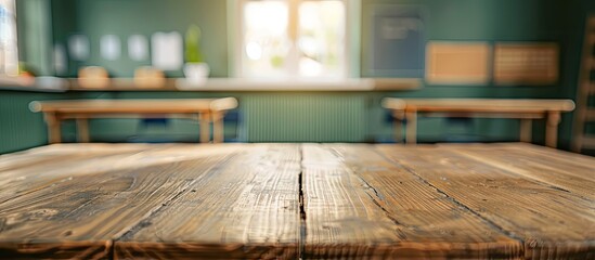 Poster - Wooden table with a blurred school classroom background creates copy space for product placement amidst a picturesque school setting