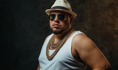 a man wears a stylish hat, cool sunglasses, and a chain