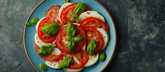 Sticker - Caprese salad creatively arranged to resemble the Italian flag on a blue plate with copy space image captured from above