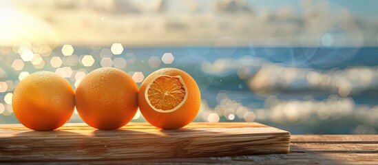 Aufkleber - A wooden board showcases three round oranges against a blurred seascape backdrop with a wooden table offering ample copy space for various products and refreshments