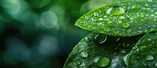 Aufkleber - A stunning macro image capturing water droplets on a leaf post rainfall with extra space for text or other elements. Creative banner. Copyspace image