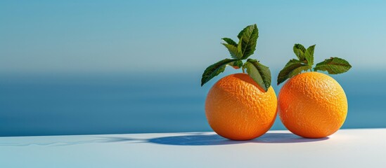 Sticker - A white table displays two oranges garnished with mint leaves against a seascape backdrop providing ample copy space for food drinks and products in the image