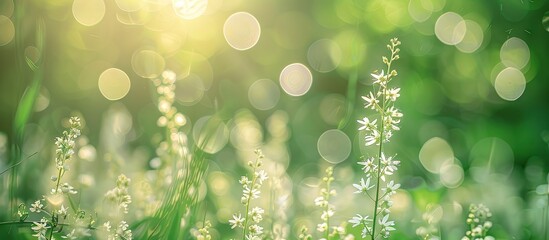 Poster - White flowers growing in a field with lush greenery Filipendula ulmaria meadow flowers on a forest lawn wildflowers and green grass creating a summery background with an optical blur bokeh for copy s