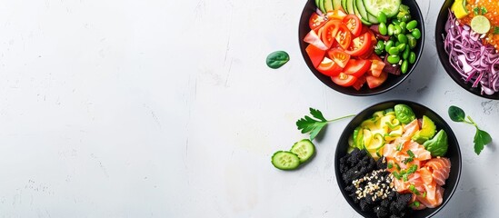Poster - Delicious takeaway poke bowls with copy space image on a white backdrop