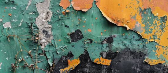 Poster - Abstract grunge background featuring a colorful damaged painted wall with green black yellow and orange hues adorned with dry plants offering room for a copy space image