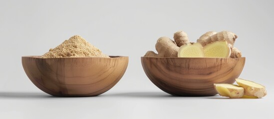 Sticker - Slices of ginger root and powdered ginger presented in a wooden bowl against a white backdrop with available space for additional images