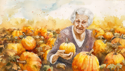 Sticker - A woman is holding a pumpkin in a field of pumpkins