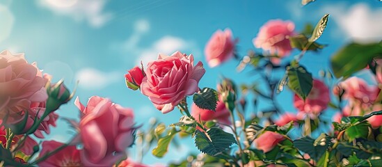 Aufkleber - Close up view of roses against a blue sky background with ample copy space image