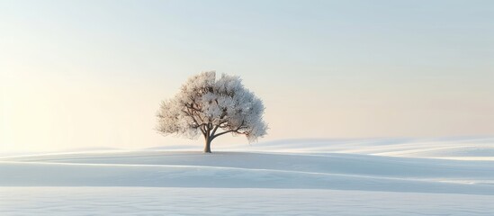 Fototapete - Snow covered landscape with a lone lenga tree creating a serene scene with a vast empty horizon perfect for a copy space image