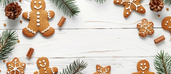 Fototapete - Christmas gingerbread cookies frame with decorative elements on a white wooden backdrop provides a festive setting for a copy space image