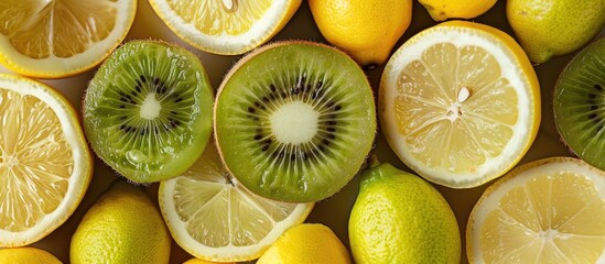 Aufkleber - Kiwi and lime fruits creatively arranged with a lemon in a top down view illustrating a concept with ample copy space for text or design