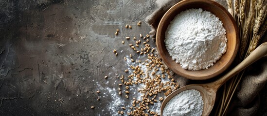 Wall Mural - Rustic background with a wooden spoon holding flour and wheat grains in a bowl perfect for a copy space image