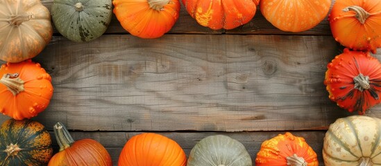 Poster - Wooden background with a frame of various fresh pumpkins creating a rustic copy space image