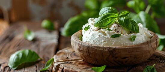 Poster - Close up of fresh ricotta and basil on a rustic wooden table with ample copy space in the image