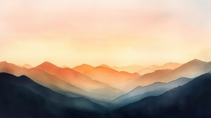 Wall Mural - Serene watercolor landscape of mountains at sunset, showcasing soft hues.