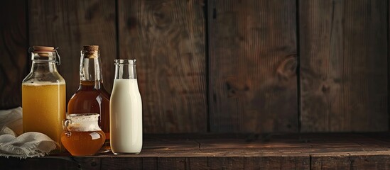 Various glass bottles filled with fresh milk are displayed alongside honey on a dark wooden surface creating a rustic setting for the copy space image