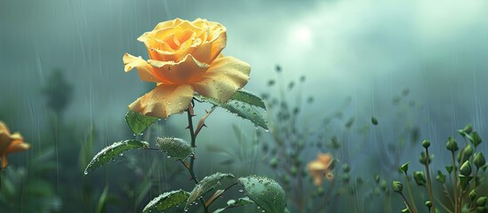 Poster - A single yellow tea rose blooms in a garden against a cloudy backdrop with a green outdoor setting providing a horizontal close up view with copy space image