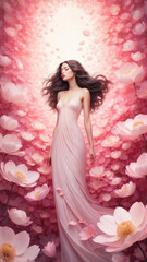 Wall Mural - Fantasy portrait of a woman among pink flower petals