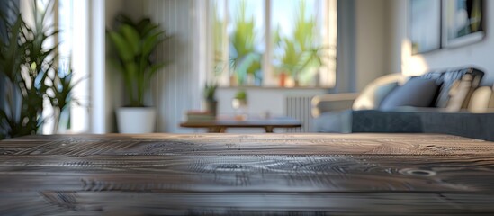 Aufkleber - Ideal for showcasing products and presentations a blurred modern Scandinavian living room is featured with a wooden table top providing copy space image