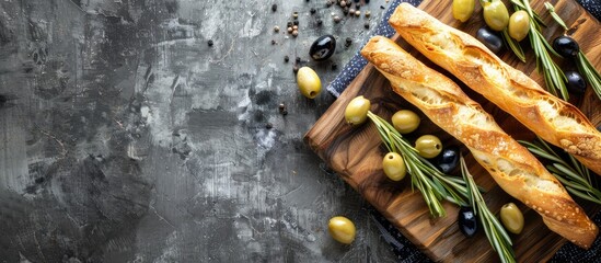Aufkleber - Italian traditional grissini with green and black olives on a rustic wooden board with available copy space image