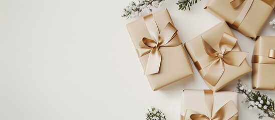 Aufkleber - Top view of gift boxes with beige ribbon on a white backdrop with copy space image