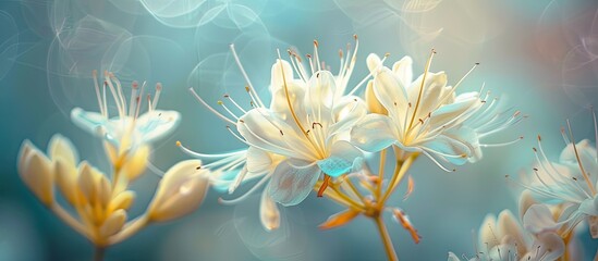 Wall Mural - front view of blooming small white flowers with long stamens in a macro shot against a blurred backg
