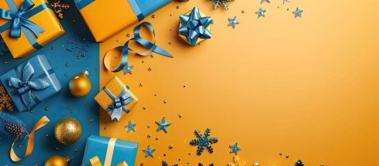 Fototapete - Top view of a Christmas themed banner in yellow and blue with gifts and decorations featuring copy space image