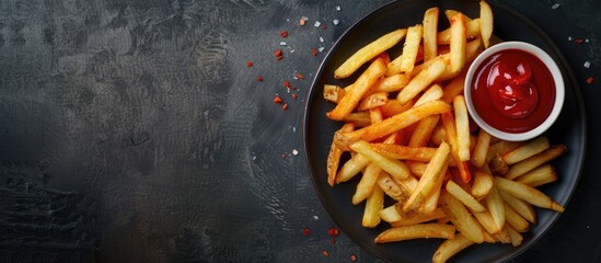 Canvas Print - Top down view of homemade American French fries with ketchup on a plate with ample copy space image