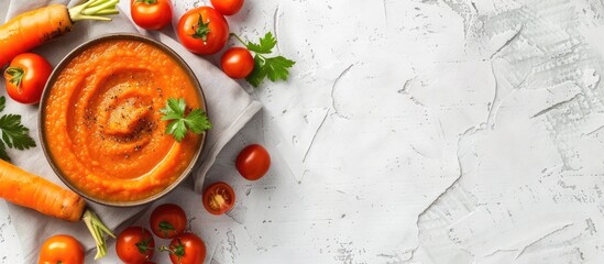 Aufkleber - Top down view of carrot puree soup in a ceramic bowl with fresh carrots and tomatoes arranged on a white textured background creating a visually appealing composition with copy space for images