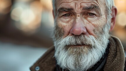 Poster - A close-up portrait of an elderly man with a beard, conveying wisdom and experience against a blurred background.