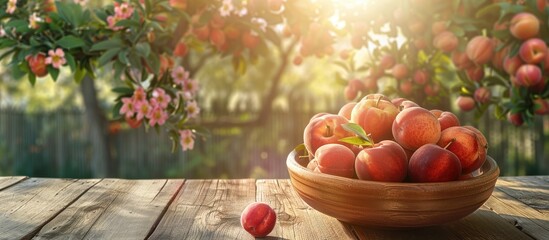 Aufkleber - Outdoors on a wooden table a wooden bowl displays ripe nectarines against a backdrop of a terrace flower tree and ample copy space image