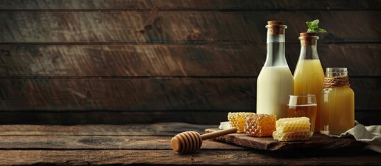 Aufkleber - Various glass bottles filled with fresh milk are displayed alongside honey on a dark wooden surface creating a rustic setting for the copy space image
